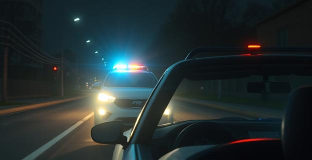 Una escena nocturna en una calle oscura con un coche Kia Sportage detenido por la policía, luces de policía iluminando el vehículo, y una cámara en el asiento del conductor.