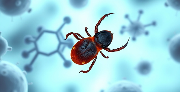 una garrapata vista al microscopio con una estructura molecular de una proteína en el fondo, representando la evasina y su capacidad para unirse a quimiocinas