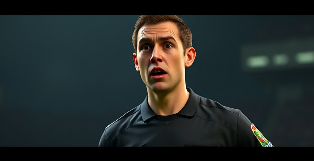 Imagen de un árbitro de fútbol masculino con expresión de sorpresa y una chaqueta con emblemas de la Policía Nacional al fondo, con un ambiente oscuro y sombrío que sugiere una investigación policial.