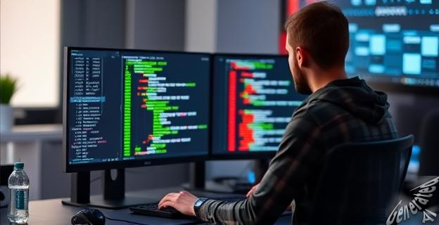 Un programador trabajando en frente de una pantalla de computadora con código de HTML, CSS y SVG