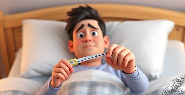 Una persona en una cama con un termómetro en la mano, con una expresión de malestar y fiebre.