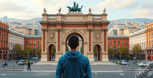 Una imagen de una persona frente a la Puerta de Alcalá en Madrid con un fondo de la ciudad