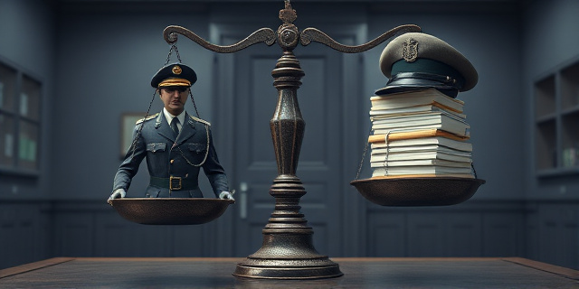Una ilustración conceptual y satírica que muestra una balanza de justicia antigua y oxidada. En un plato, un pequeño uniforme de guardia civil pesa toneladas, hundiéndose completamente. En el otro plato, una gorra de general flota en el aire, ligera como una pluma, a pesar de estar cargada de carpetas de expedientes judiciales. Fondo de oficina gubernamental gris y fría, estilo editorial de periódico, colores contrastados.