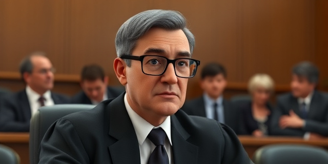 Una jueza con gafas y un traje formal, sentada en una sala de justicia, con un fondo de personas hablando en voz baja. La jueza tiene una expresión seria y reflexiva, mientras que las personas del fondo parecen estar discutiendo y gesticulando.